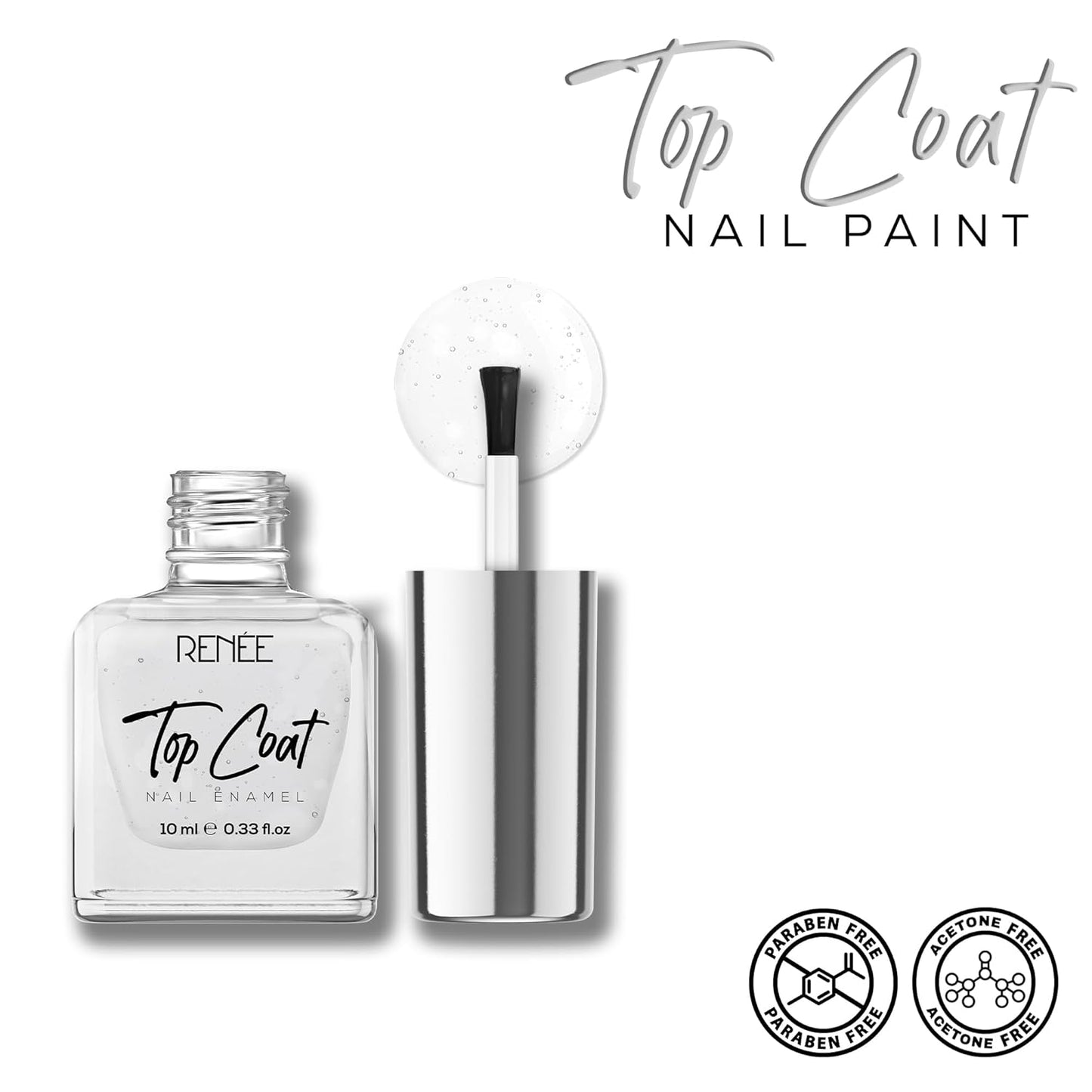 Renee Top Coat nail paint with brush and packaging on a white background