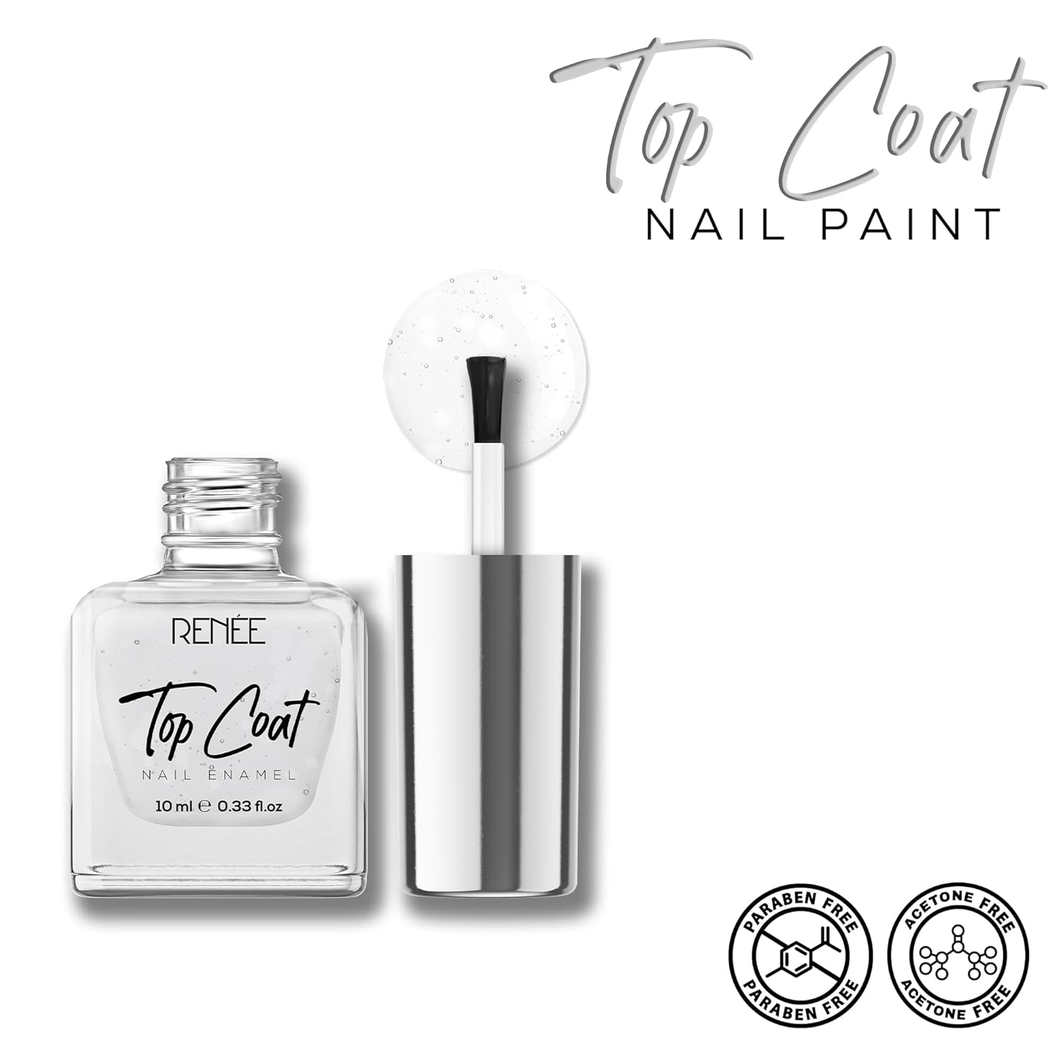 Renee Top Coat nail paint with brush and packaging on a white background