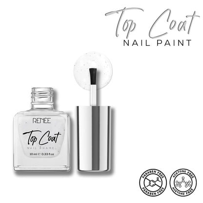Renee Top Coat nail paint with brush and packaging on a white background