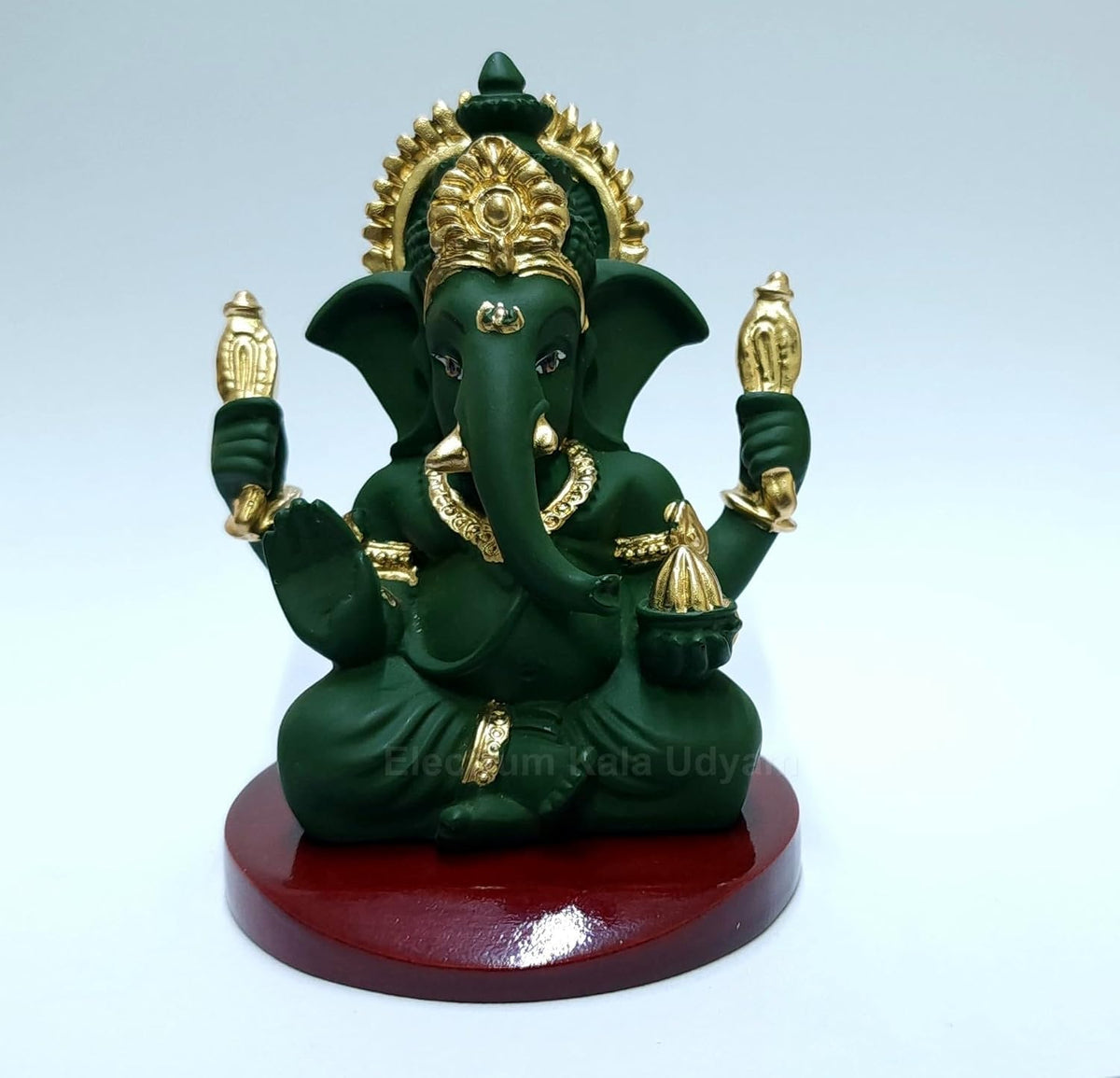 Handcrafted Poly Resin Ganesha Statue with Base - Perfect for Car Dashboard, Office Desk, Shelves, and Home Decor - Ideal Housewarming Gift! (4HandGreenTerracottaMDF)
