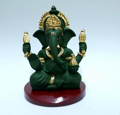 Handcrafted Poly Resin Ganesha Statue with Base - Perfect for Car Dashboard, Office Desk, Shelves, and Home Decor - Ideal Housewarming Gift! (4HandGreenTerracottaMDF)