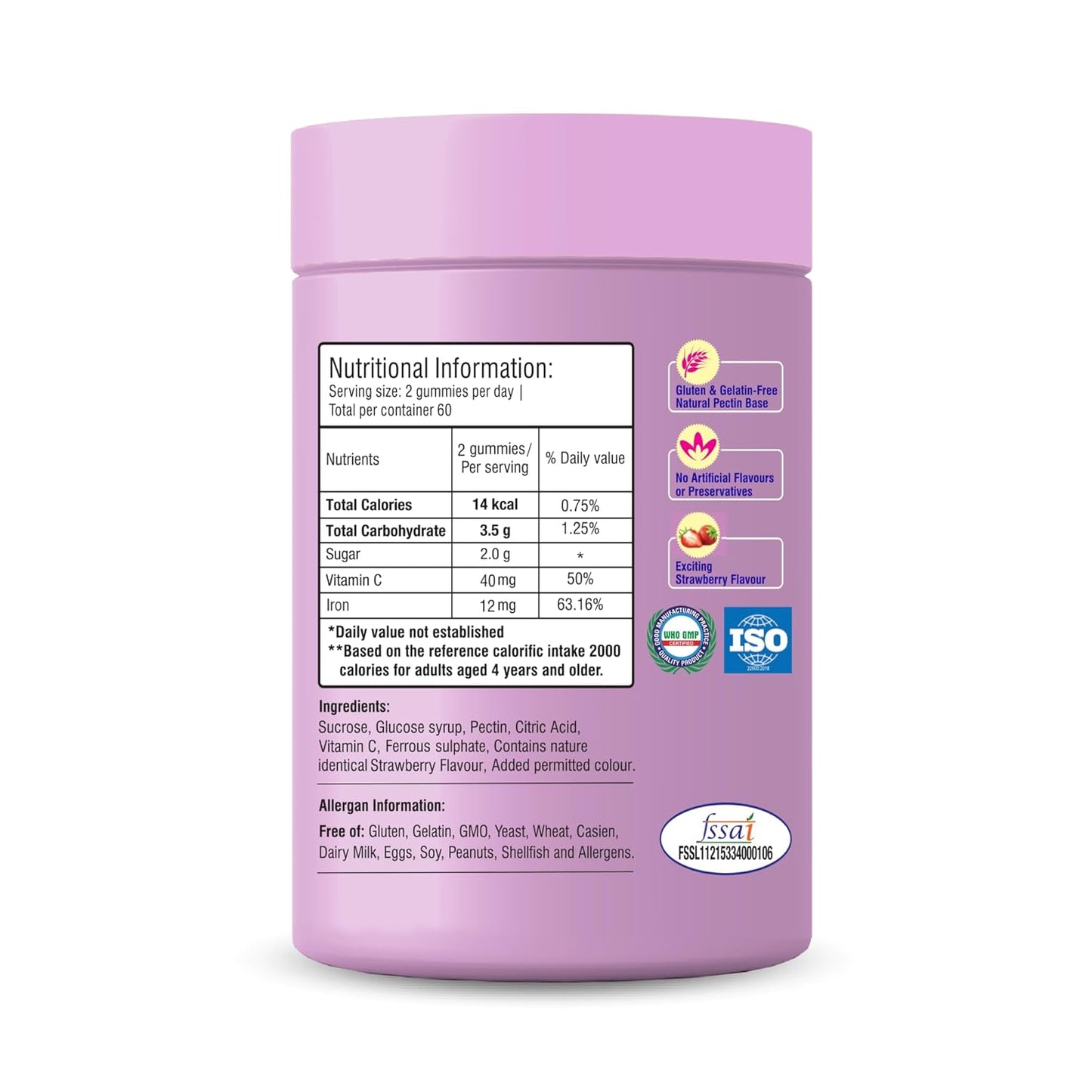 Happi Kidz Iron + Vitamin C Gummies For Kids-(60 Gummy Bears) -Supports Immune system function, Helps build red blood cells & overall growth and development | Strawberry Flavour | | Lab tested for purity