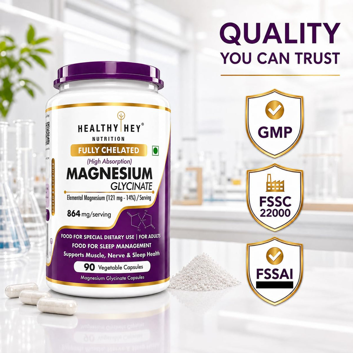 HealthyHey Nutrition Magnesium Glycinate 14% Fully Chelated Supplement High Absorption for Sleep, Cramps, & Nerves Health - 90 Vegetable Capsules