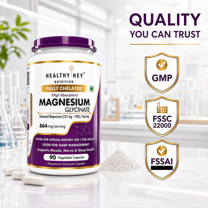 HealthyHey Nutrition Magnesium Glycinate 14% Fully Chelated Supplement High Absorption for Sleep, Cramps, & Nerves Health - 90 Vegetable Capsules