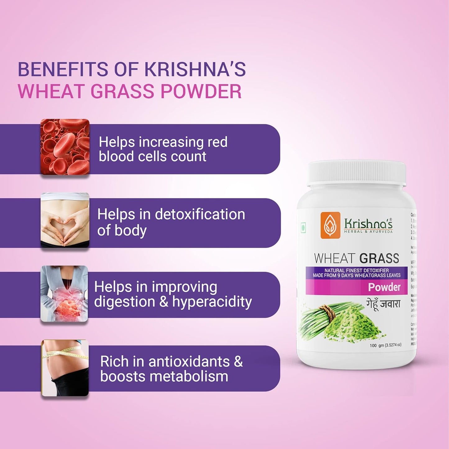 Krishna's Wheatgrass Powder - 100 g (Pack of 1) | Prepared from 9th day picked fresh wheatgrass leaves | Finest Herbal Detoxifier | Builds a Strong Immune System