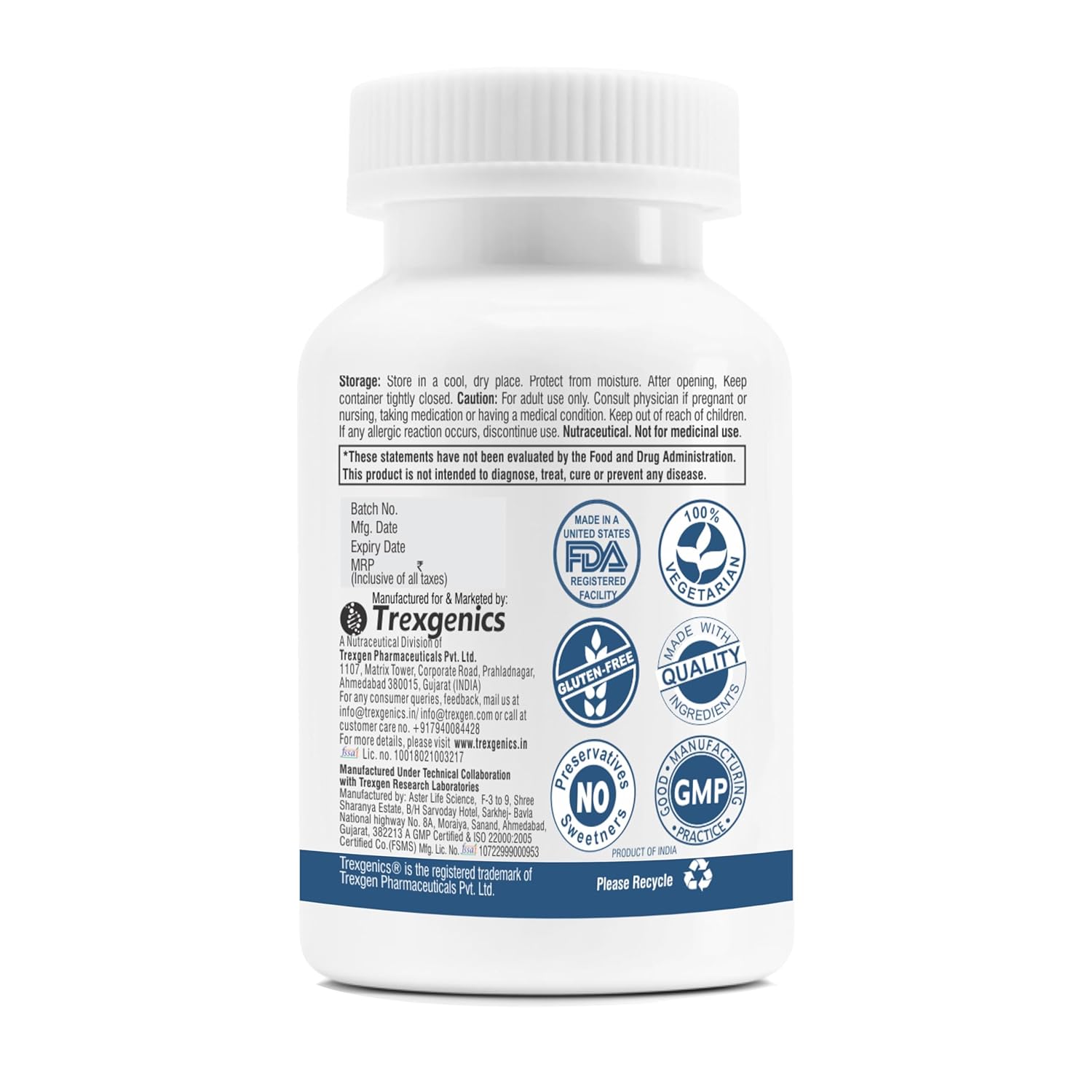 Bottle label with Trexigenics branding and certification logos on a white background