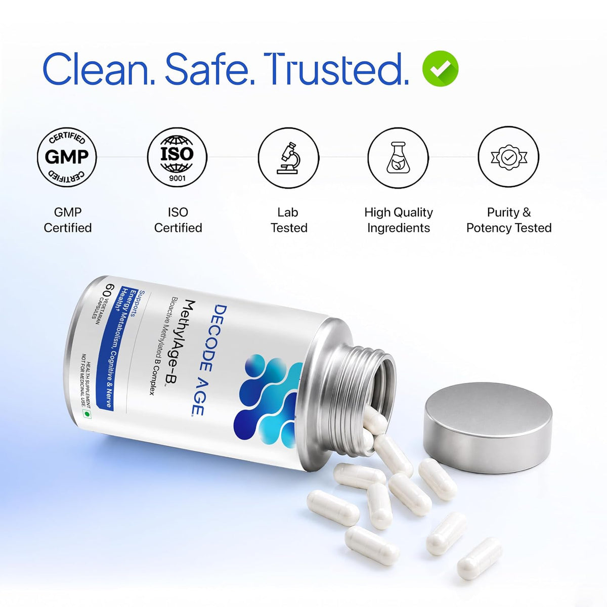 Decode Age Methylated Vitamin B-Complex Supplement Methylated Formula, B-Complex Vitamins, Advanced Absorption, Daily Supplement, Men & Women