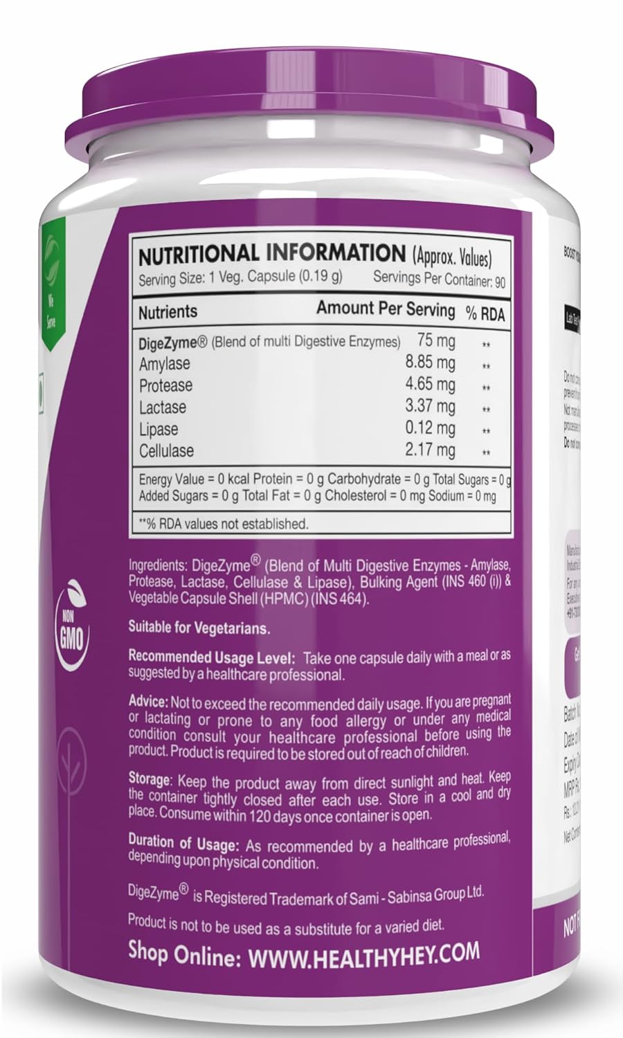 Nutritional information label on a supplement container with a purple label.