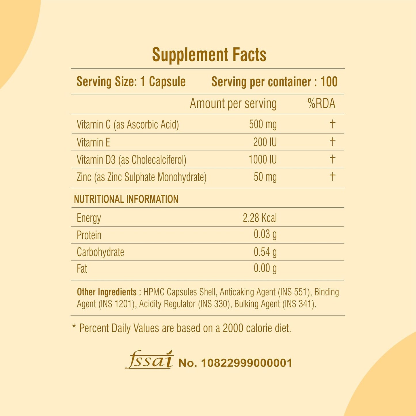 Supplement facts label with nutritional information on a beige background
