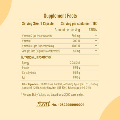 Supplement facts label with nutritional information on a beige background
