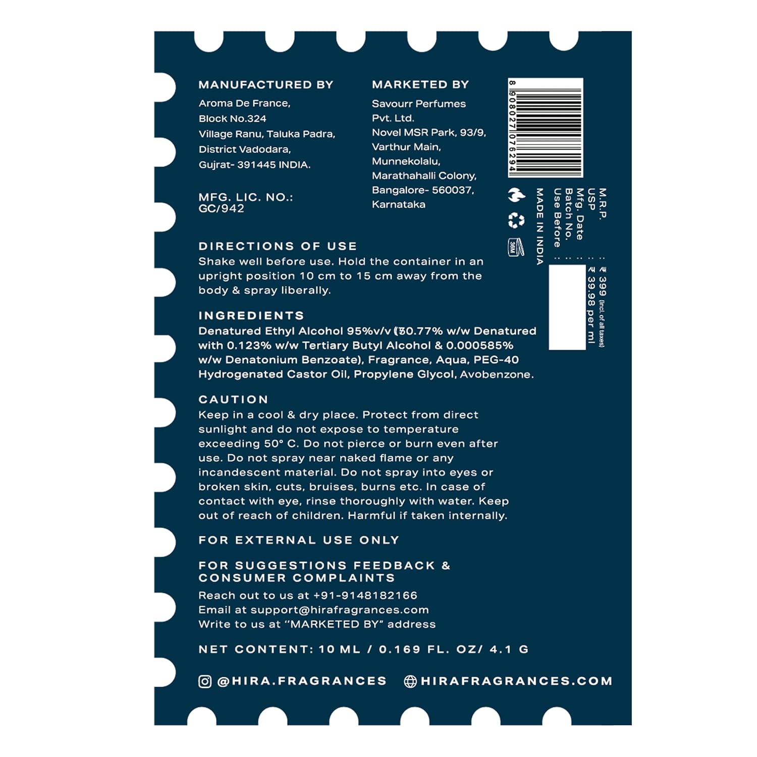 Back label of a perfume bottle with text and product details on a white background