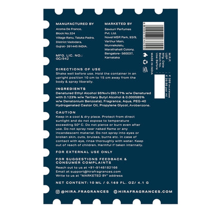 Back label of a perfume bottle with text and product details on a white background