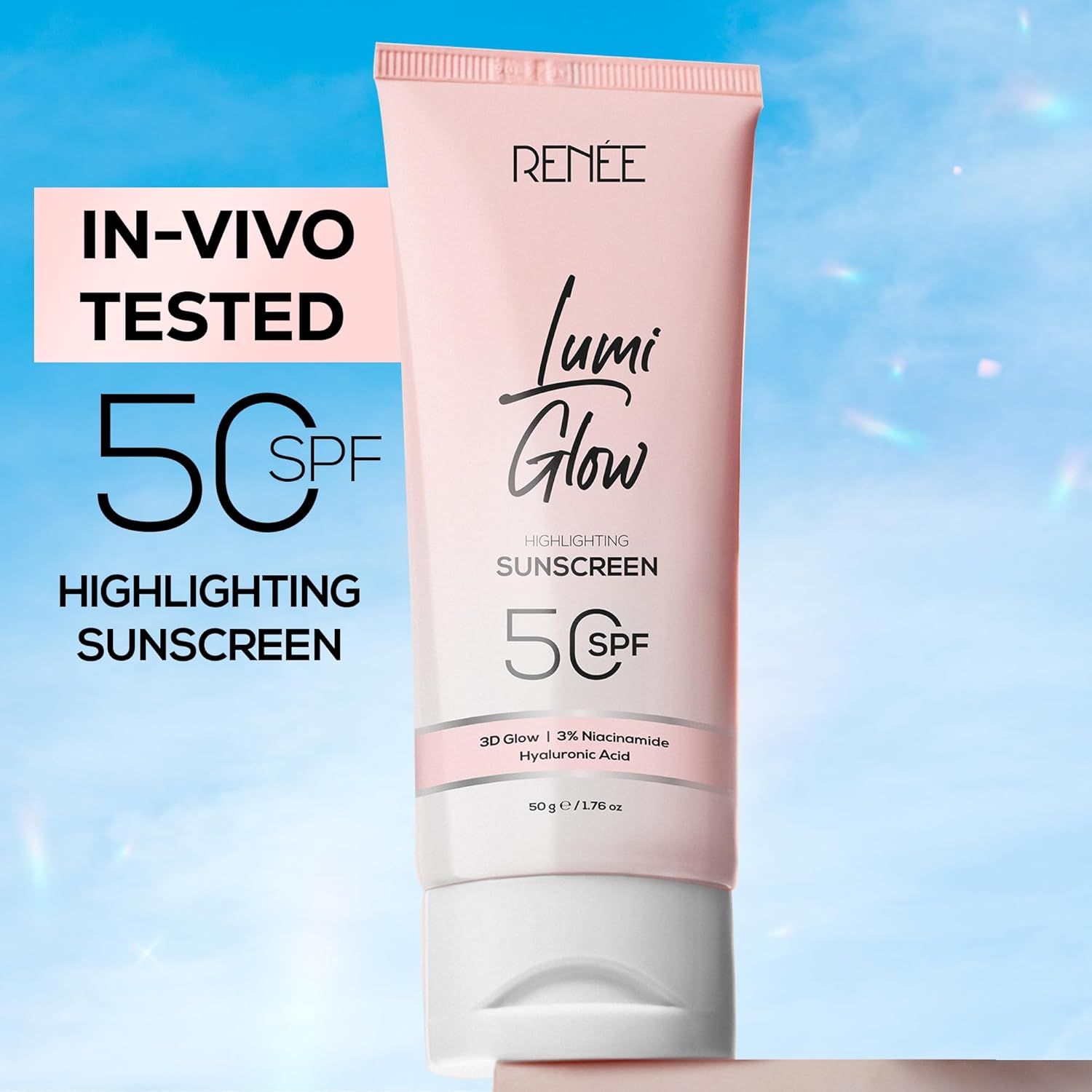 Tube of RENEE Lumi Glow Highlighting Sunscreen with SPF 50 on a blue background