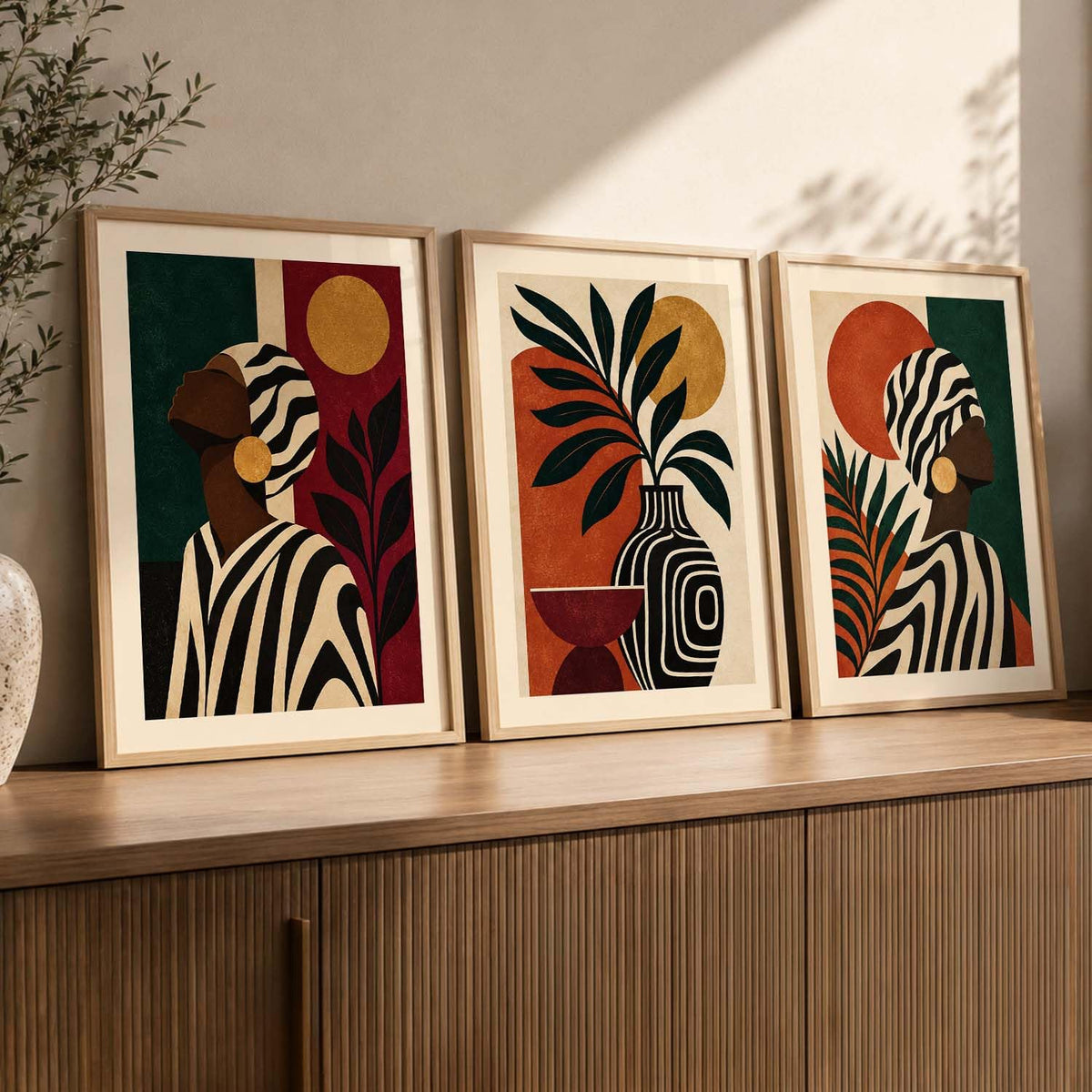 BOHO Home Decor Wall Art | Aesthetic BOHO Artwork with Frame for Living Room Bedroom Hotel Decoration | Digital Reprint Set of 3 Floral | 13X17 Inch