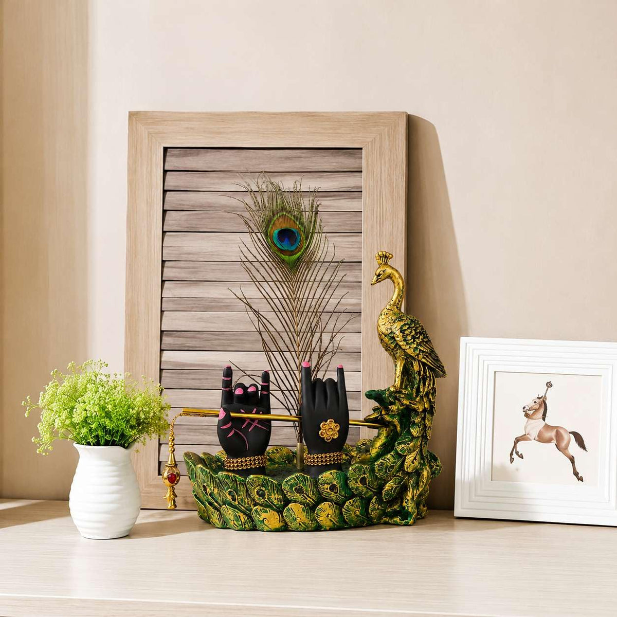 Krishna Hand Mor Pankh Showpiece for Home Decor, Lord Krishna Decorative Statue with Peacock Feather & Flute Design, Spiritual Idol for Living Room, Pooja & Gifting (Green, 22cm)