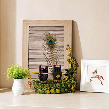Krishna Hand Mor Pankh Showpiece for Home Decor, Lord Krishna Decorative Statue with Peacock Feather & Flute Design, Spiritual Idol for Living Room, Pooja & Gifting (Green, 22cm)