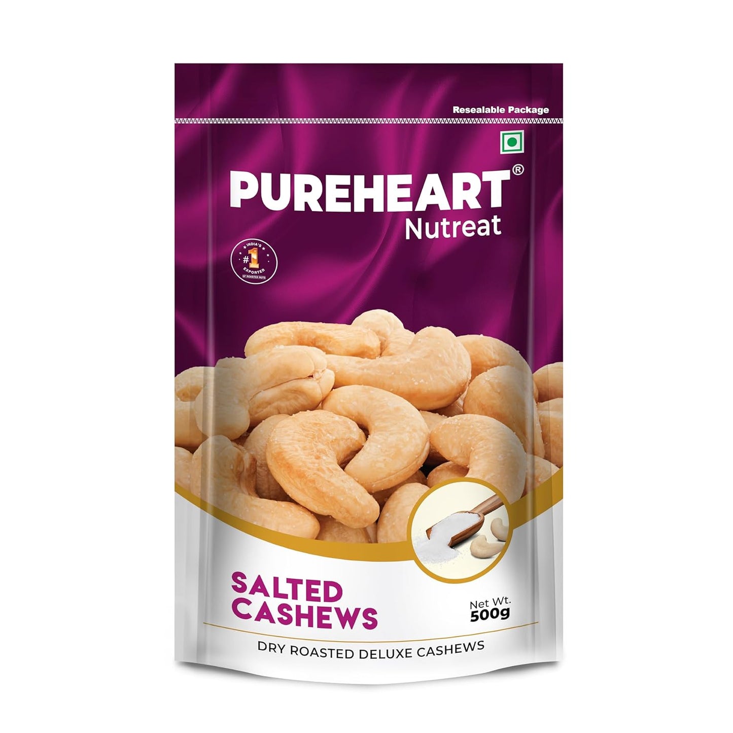 Pureheart Nutreat Roasted Salted Cashews, Flavourful & Crunchy Snack | Premium Salted Whole Cashew Nuts/Kaju Dry Fruit | Rich in Protein & Fiber | No Artificial Colors, Flavors, Preservatives