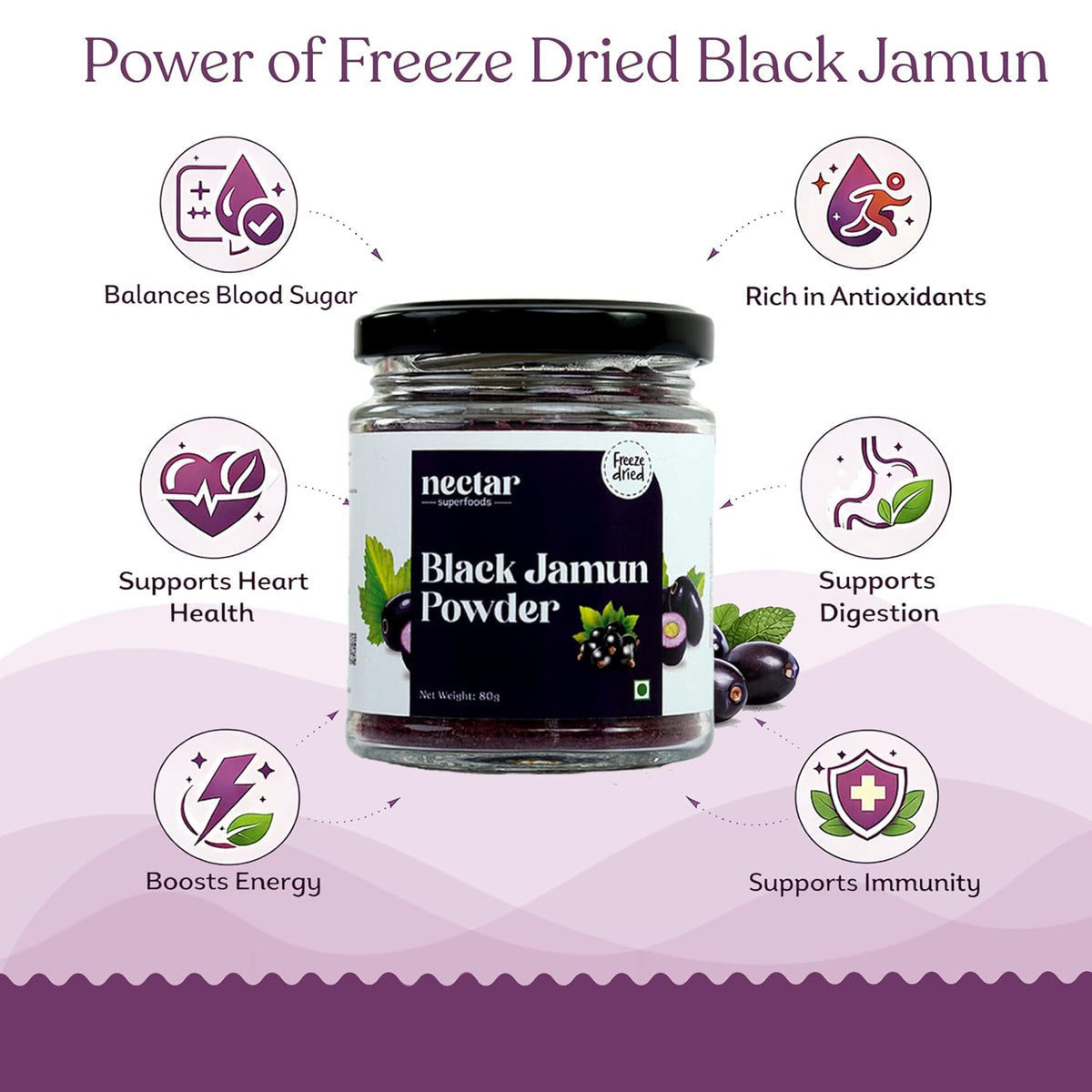 Nectar Superfoods Freeze Dried Black Jamun Powder- 80 grams Jar-Pack of 1 Nos | 100% Natural | No Added Sugar, Preservative-Free & Vegan | Processed in India