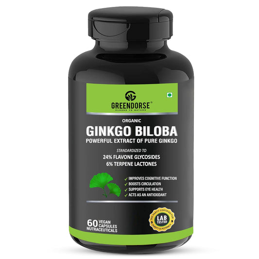 GREENDORSE Organic Ginkgo Biloba Pure Extract 120 mg | Standardized to 24% Flavone Glycosides & 6% Terpene Lactones | Cognitive Support, Circulation Booster & Antioxidant - 60 Veg Capsules