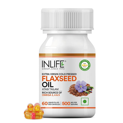 INLIFE Flaxseed Oil Omega 3 6 9 Supplement, Extra Virgin Cold Pressed 500 mg - 60 Vegetarian Capsules (Pack of 1)