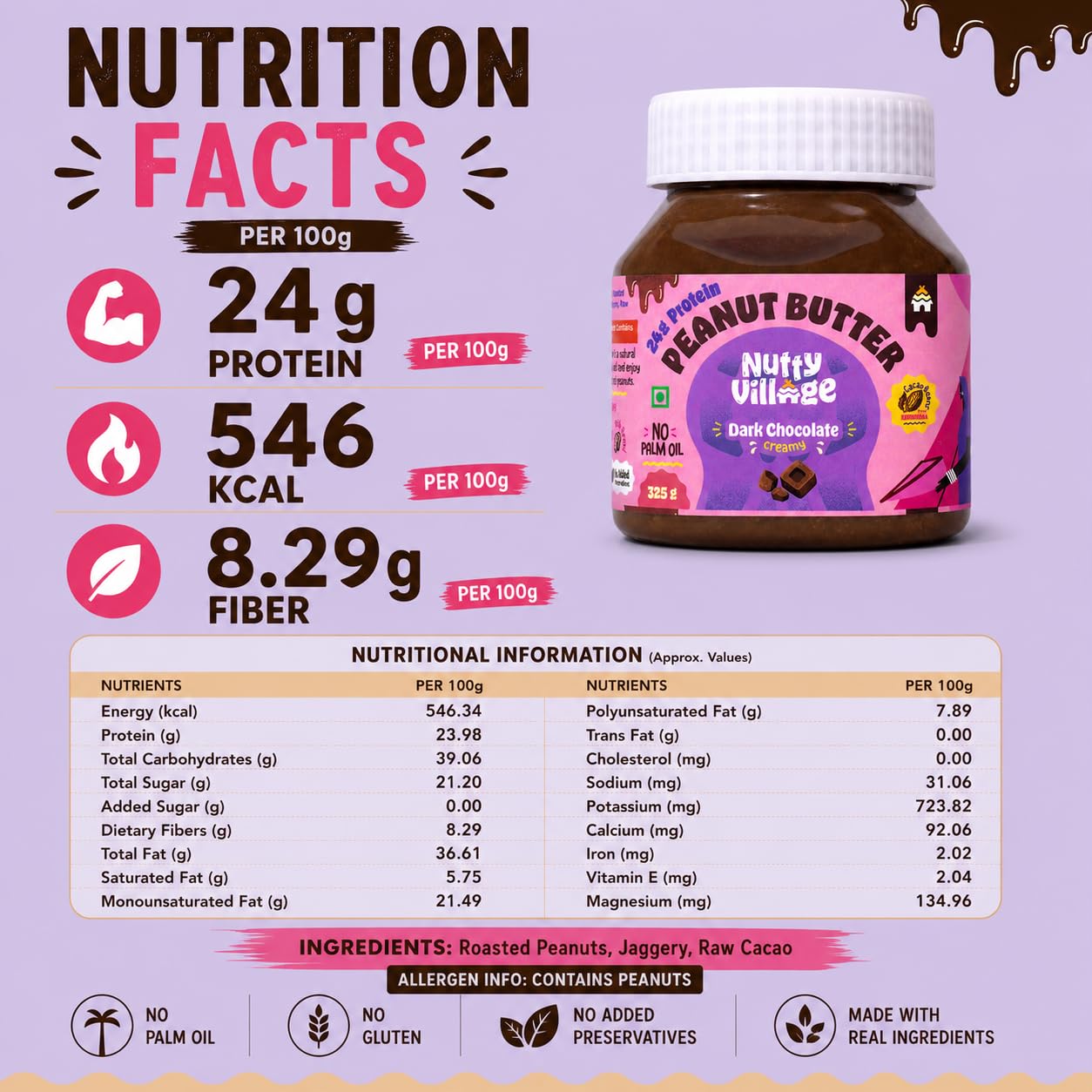 Nutty Village Dark Chocolate Peanut Butter Creamy | 24g Protein | Sweetened with Jaggery, Cacao Beans, No Refined Sugar, No Palm Oil | Vegan, & Gluten-Free Healthy Breakfast Spread