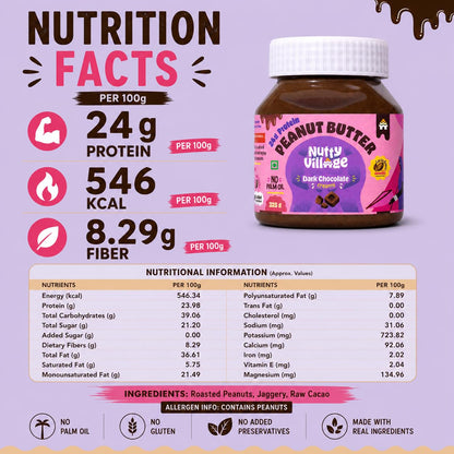 Nutty Village Dark Chocolate Peanut Butter Creamy | 24g Protein | Sweetened with Jaggery, Cacao Beans, No Refined Sugar, No Palm Oil | Vegan, & Gluten-Free Healthy Breakfast Spread