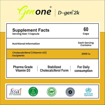 Genone DGen 2k Vitamin D3 Capsules for Strong Bones and Immunity (60 Capsules)
