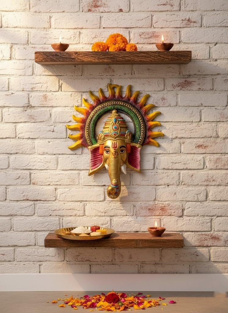 Traditional Handcrafted Ganesha Wall Decor, Metal Elephant God Sculpture with Sunburst Design, Gold and Multicolor, Religious Hindu Art