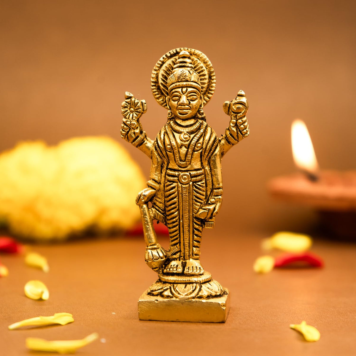 100% Pure Brass Lord Vishnu Idol | Vishnu Bhagwan Murti for Car Dashboard, Pooja Room, Home Decor & Office Desk | Laxmi Narayan Standing Idol | Narayan Statue for Gifting