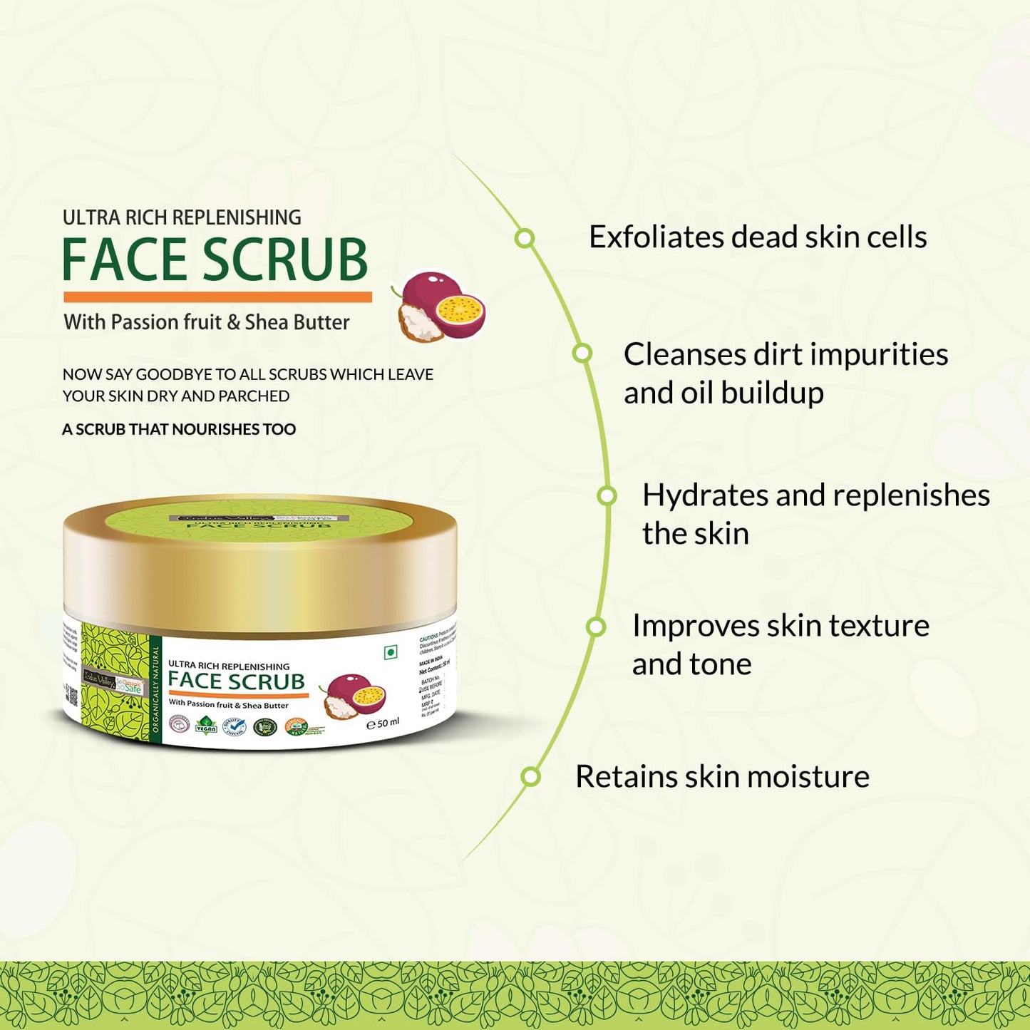 Ultra rich replenishing face scrub packaging with text on benefits
