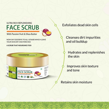 Ultra rich replenishing face scrub packaging with text on benefits