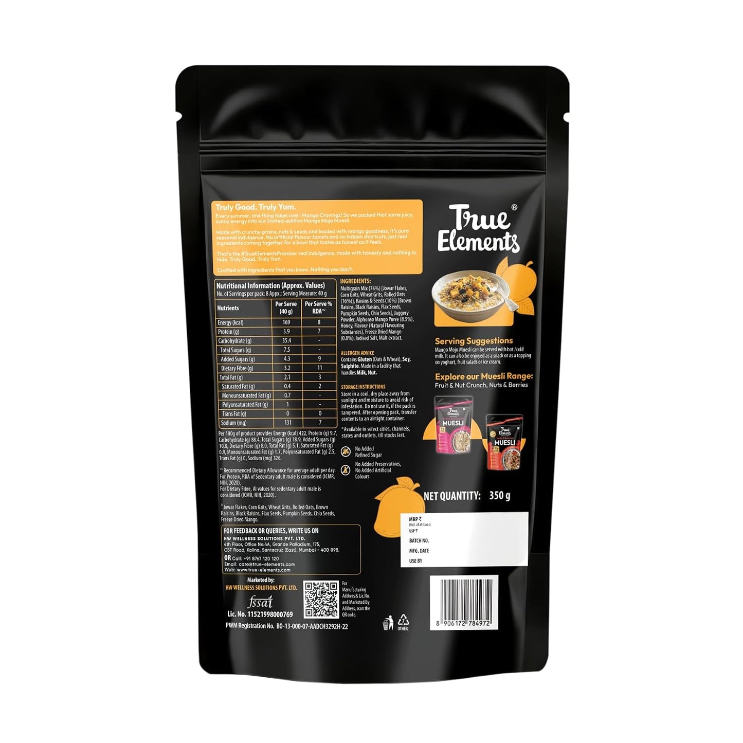 True Elements Mango Mojo Muesli 350 g with Alphonso Mango | Healthy Breakfast Cereal | High Fiber, Protein Rich | Rolled Oats, Seeds & Grains | No Added False Claims | Limited Edition
