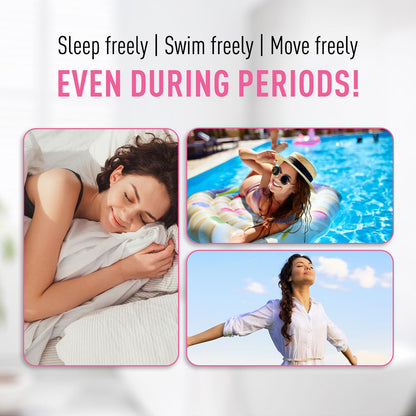 Promotional graphic with text 'Sleep freely | Swim freely | Move freely EVEN DURING PERIODS!' featuring a woman in various activities.