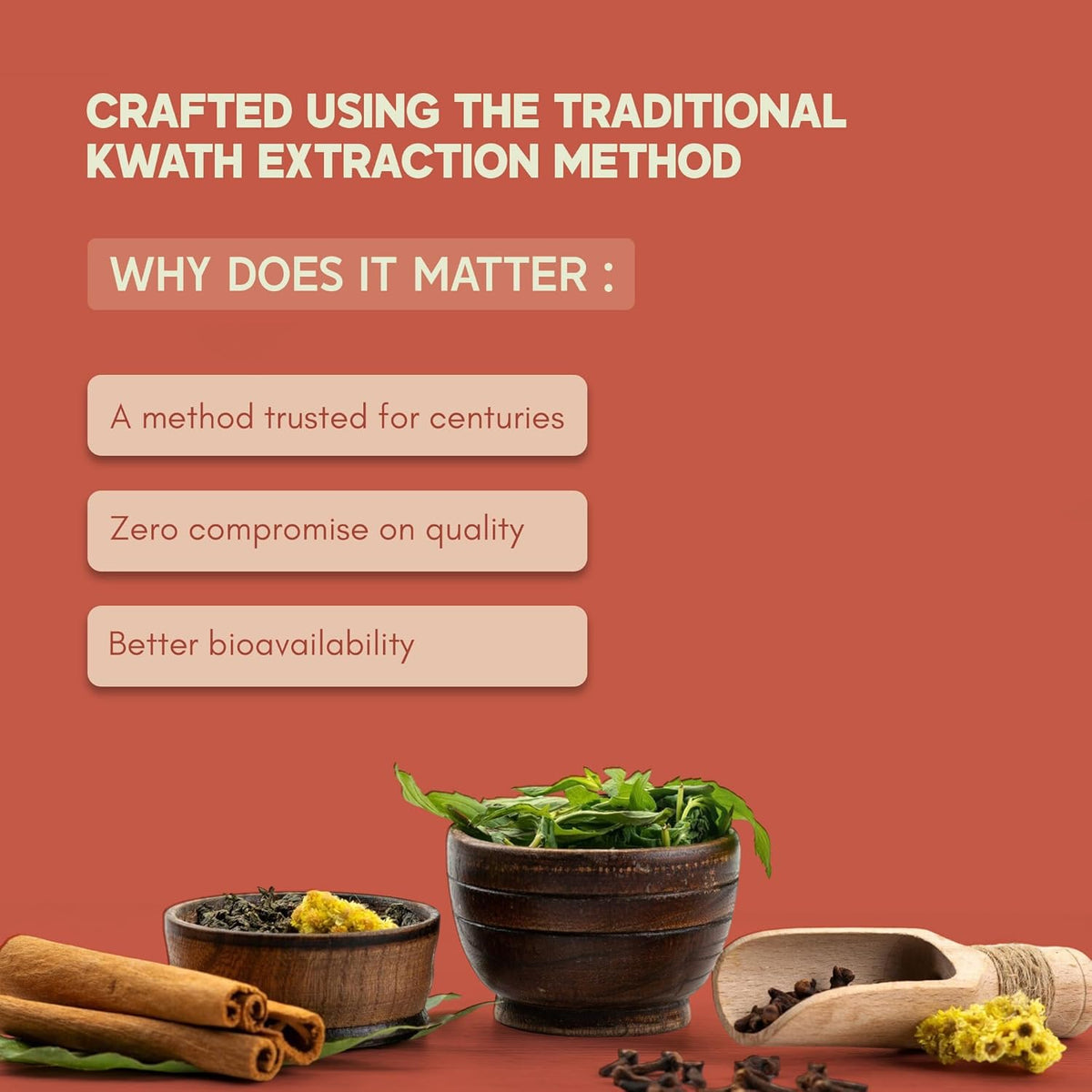 Traditional kwath extraction method with bowls, herbs, and text on a red background