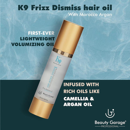 Beauty Garage K9 Frizz Dismiss Moroccan Argan Oil | Lightweight Hair Serum with Heat & UV Protection | Argan Oil of Morocco For Frizz Control, Volume Boost & Deep Hydration | 50 ml