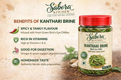 Sabora Kitchen Kanthari Brine (Bird’s Eye Chilli) 400g | Traditional Indian Recipe | Homemade Kerala Style | Spicy & Tangy Green Chillies | Ready to Use | 6 Months Shelf Life