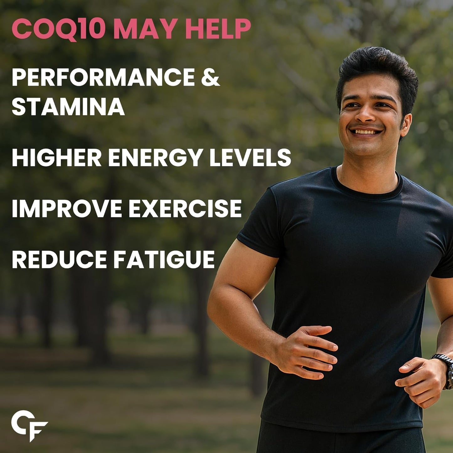Man in black athletic wear standing outdoors with text about CoQ10 benefits.