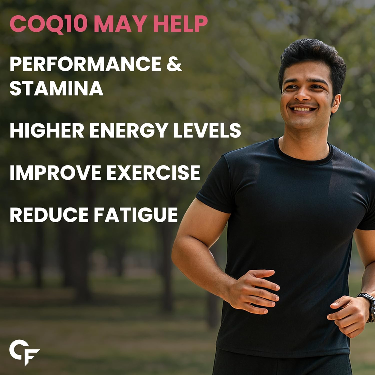 Man in black athletic wear standing outdoors with text about CoQ10 benefits.