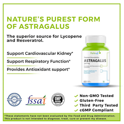 Haleup Astragalus 500 mg || 60 capsules || Enriched with Resveratrol & Lycopene || Heart & Immune Support || Researched in USA (Pack of 1, 60)