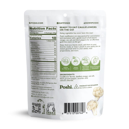 POSHI Marinated Cauliflower Florets Snack Pack | Salt + Pepper | Keto, Vegan, Paleo, Non GMO, Low Carb + Calorie, Gluten Free, Fully Cooked Vegetables, Gourmet, Healthy, All Natural (1.58 oz)
