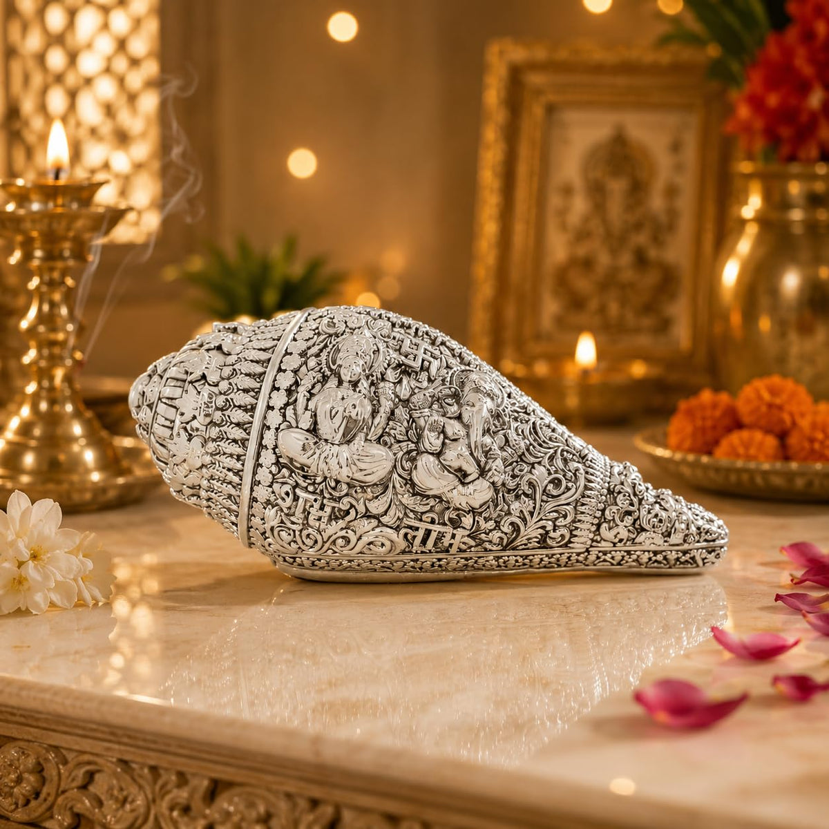 Gold Art India Lakshmi Ganesh Shankh with Sacred Yantra & Shubh Labh Engraving | Decorative Spiritual Conch Shell for Home Temple, Office Desk & Gifting | Velvet Gift Box (Silver, Oval)