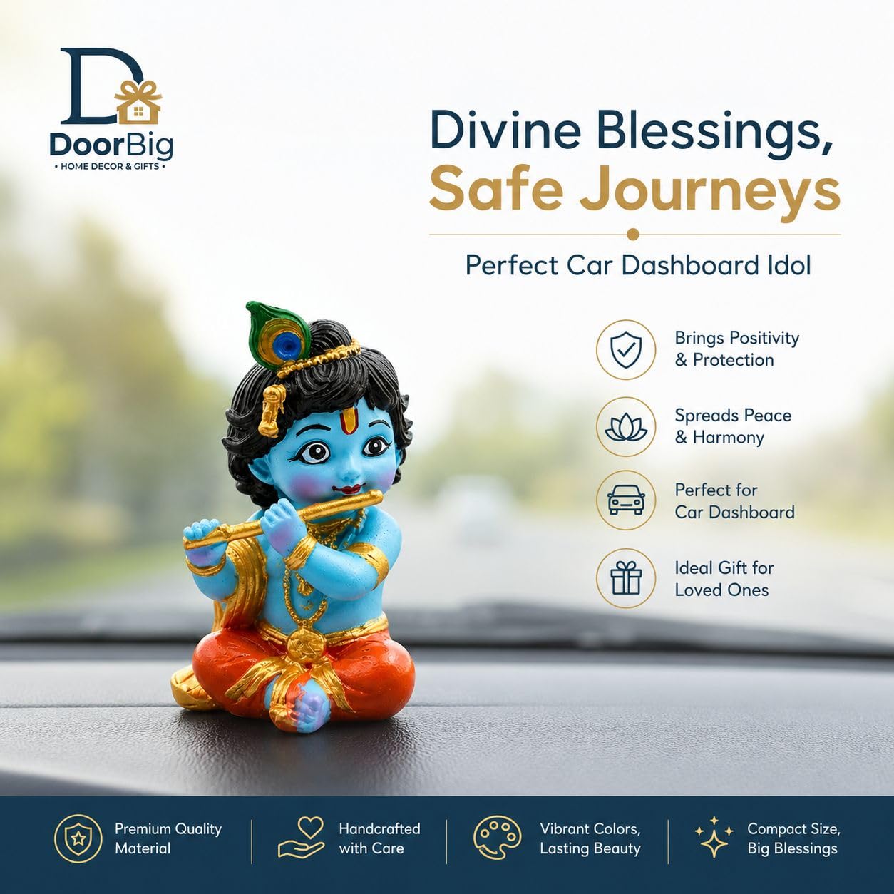 DOOR BIG Little Krishna Idol for Car Dashboard | Bal Gopal Laddu Gopal Murti | Cute Baby Krishna Statue for Home Temple, Office Desk & Pooja Room Decor | Resin Showpiece | Janmashtami Gift