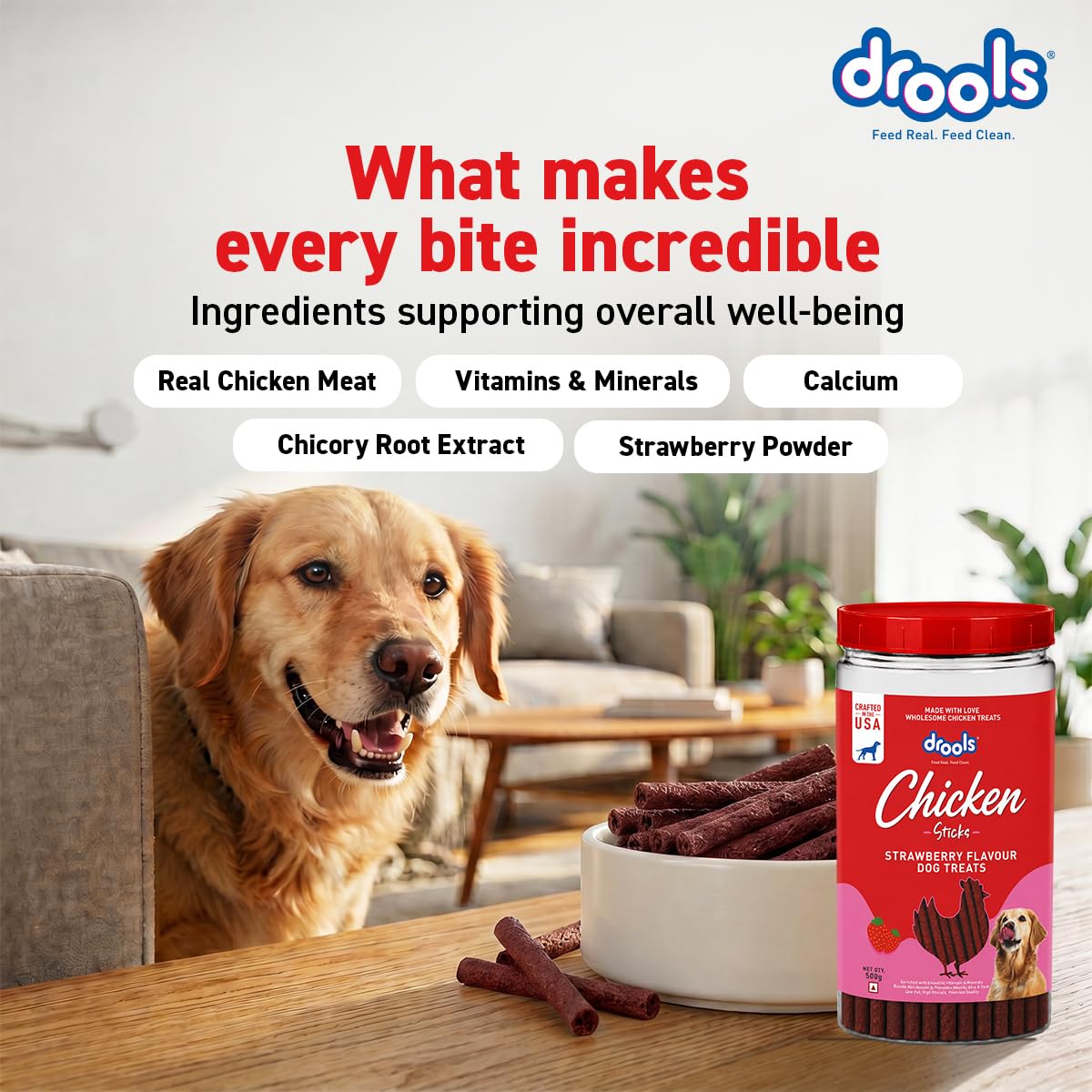 Drools Dog Treat Sticks with Chicken & Strawberry Flavor, Nutritious Chew Treats for All Breeds, 500g