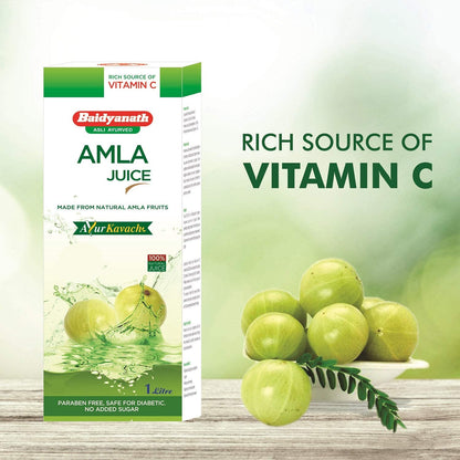 Baidyanath Jhansi Asli Ayurved Amla juice 1L Rich In Vitamin C | Immunity Booster | Safe for Diabetic No Added sugar | Paraben free | Cold-Pressed, Pure & Natural