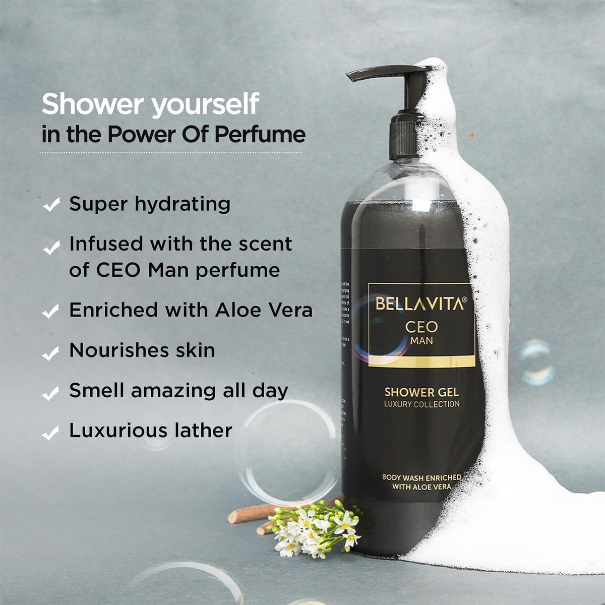 Bellavita CEO Man shower gel bottle with product features on a gray background