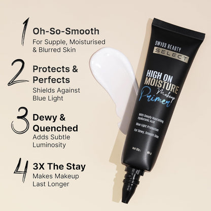 Swiss Beauty Select High On Moisture Makeup Primer | Enriched With Glycerin & Hyaluronic Acid | Protects Against Harsh Blue Light Rays | Intensely Nourishing | 65g