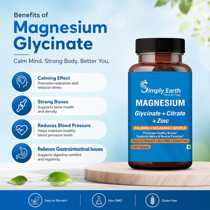 Simply Earth Magnesium Complex supplements - 120 Veg Tablets with Magnesium Glycinate; Citrate; Oxide & added Zinc - Promotes Healthy Bones; Supports Nerve & Muscle Function