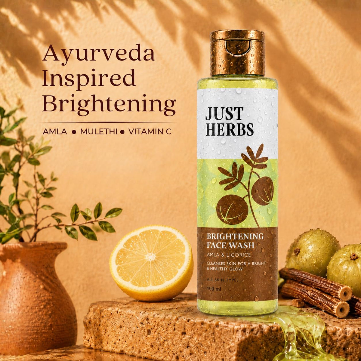 Just Herbs Brightening Face Wash with Vitamin C Amla & Liquorice Root for Men & Women | Hydrates Skin, Reduces Hyperpigmentation & Maintains pH Level | Suits All Skin Types- 50 gm