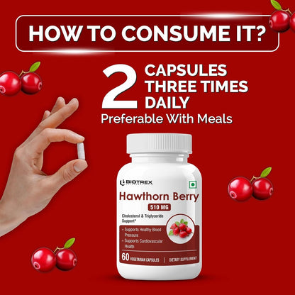 Biotrex Nutraceuticals Hawthorn Berry Supplement 510mg | Supports Cardiovascular Health | Powerful Antioxidant | Skin, Heart And Digestive Health | 60 Veg Capsules