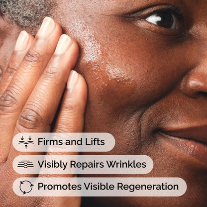 Close-up of a person's face with text highlighting skincare benefits